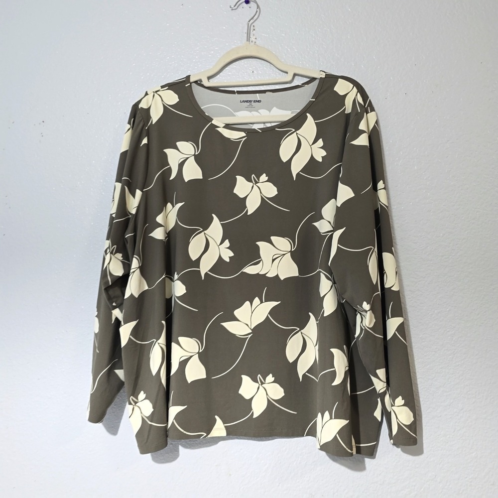 Lands End Rash Guard Swim Shirt  Mute Olive Green Floral Long Sleeve UPF Sz 3X